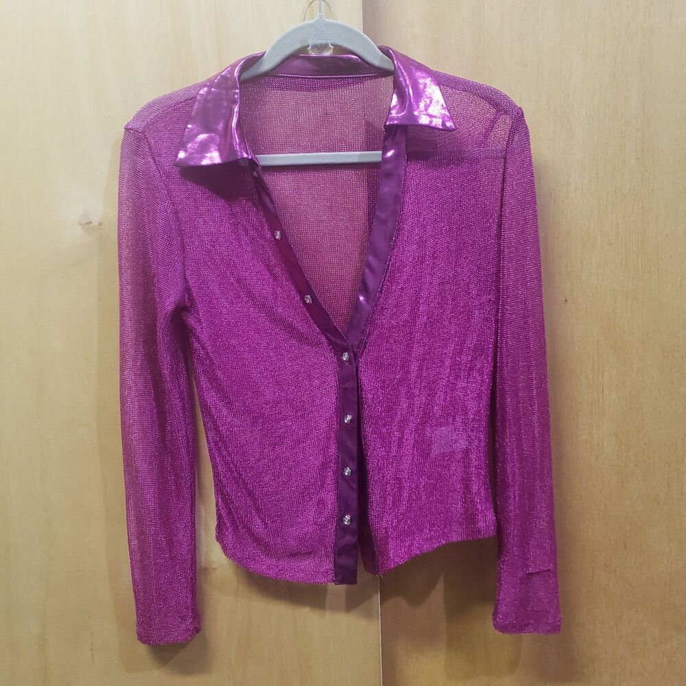 SheinSxy Pink sheer button front Long sleeve blouse L YYY Pit-pit 18"